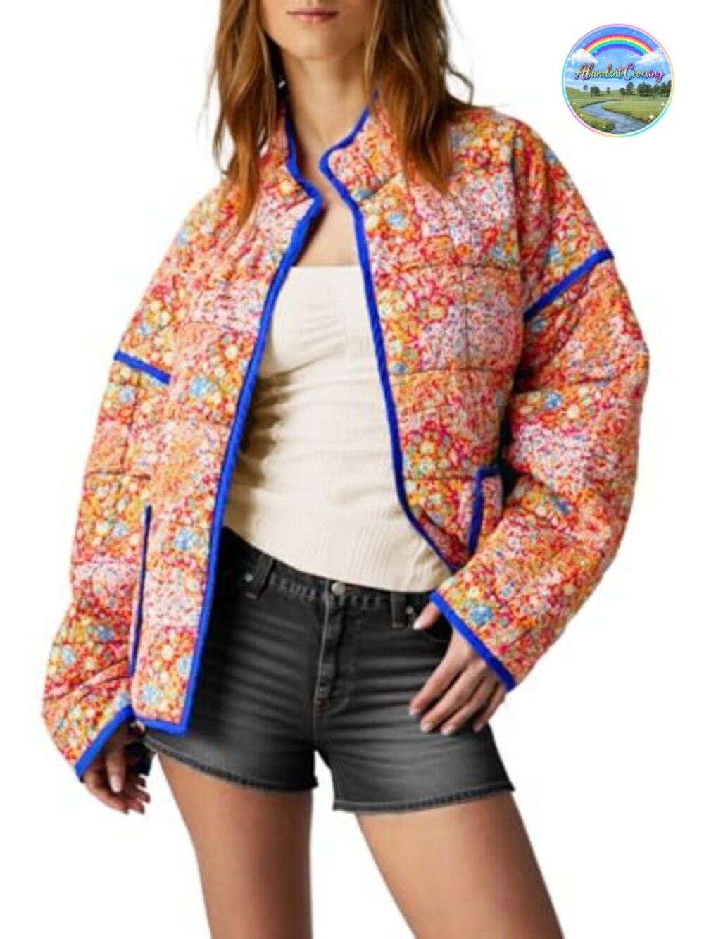 Womens Quilted Lightweight Jacket Floral Print Padded Cardigan Retro Long Sleeve
